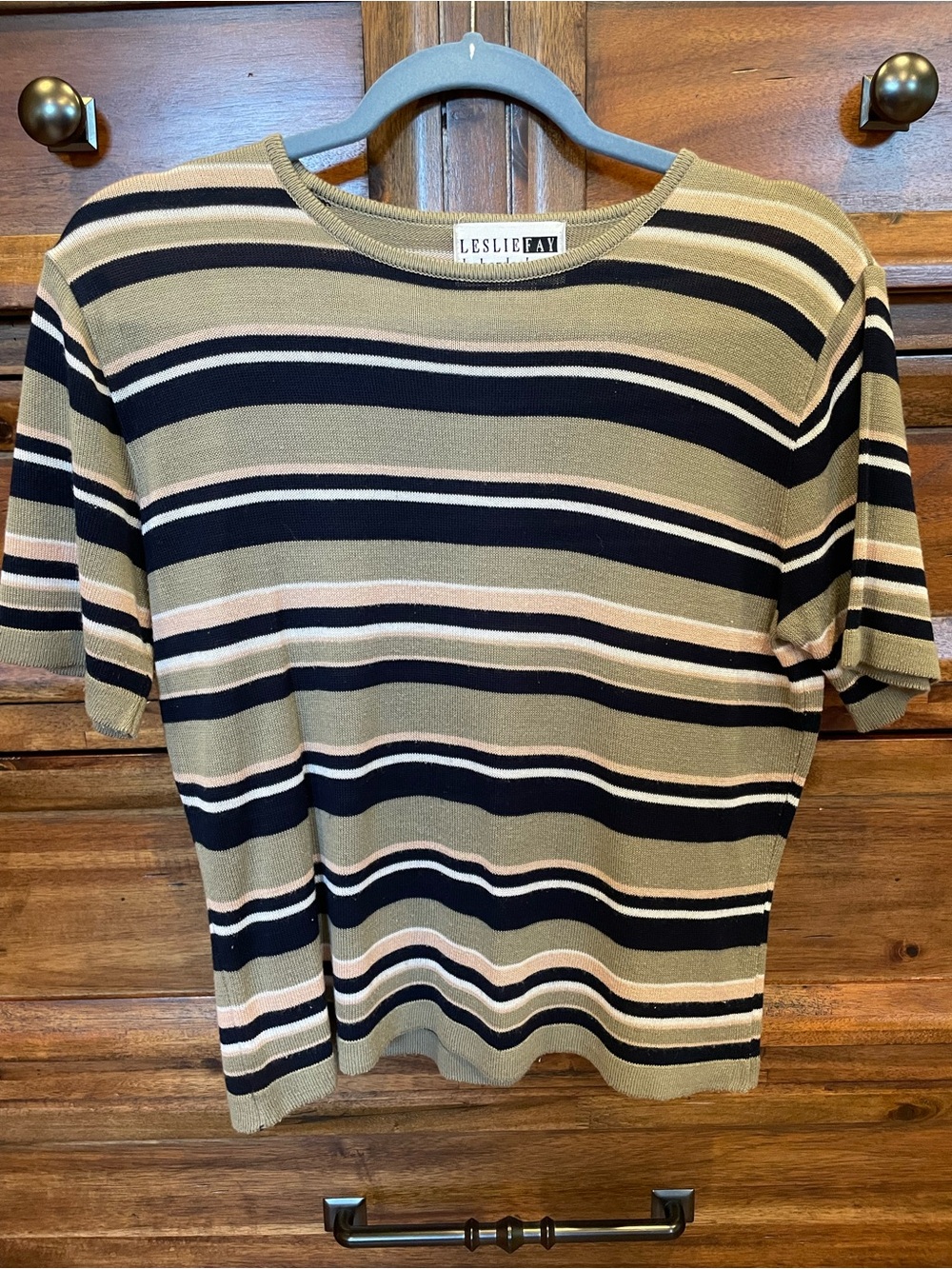 Leslie Fay Striped Petite Knit Top in Olive, Black & Cream